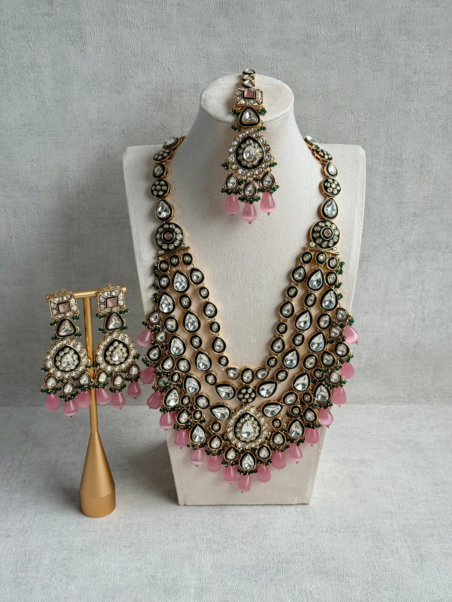 Ayura Designs Zahira Bridal Set with Necklace, Earrings & Tikka – Kundan Detailing with Blush Pink Drops, Green Enamel & Green Bead Accents