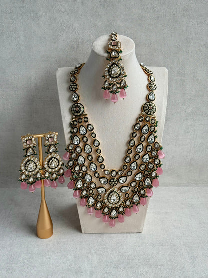 Ayura Designs Zahira Bridal Set with Necklace, Earrings & Tikka – Kundan Detailing with Blush Pink Drops, Green Enamel & Green Bead Accents
