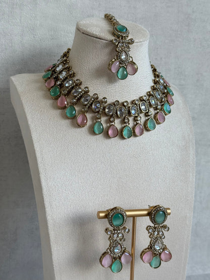 Ayura Designs Ava Necklace Set with Earrings & Tikka – Mint Green & Blush Pink Stone Necklace Set in Antique Gold Finish