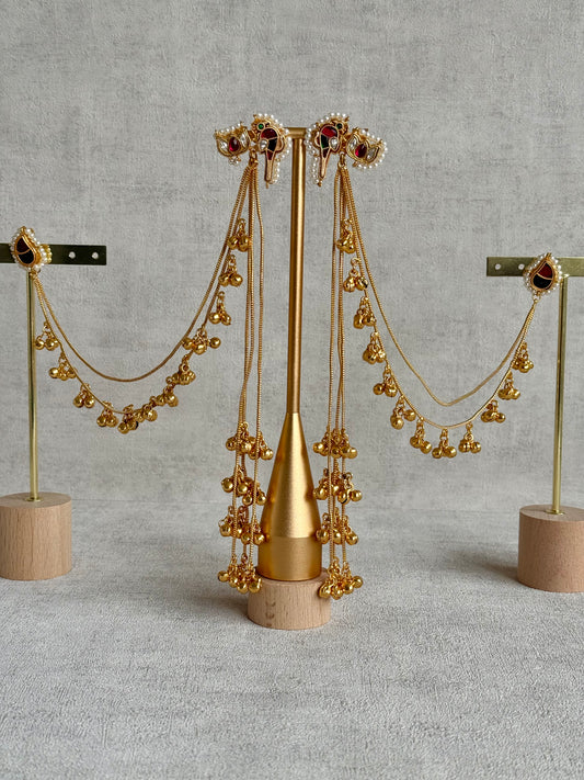 Ayura Designs Aman Earrings with Sahare – Kashmiri-Inspired Meenakari in Ruby Red & Emerald Green with Bird & Lotus Motifs