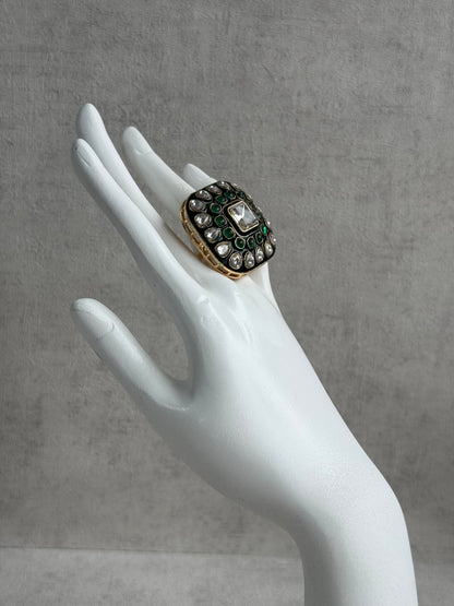 Ayura Designs Arzoo Adjustable Ring – Mirror-Cut Stone Centre with Emerald Green Stones, Green Enamel & Crystal Detailing