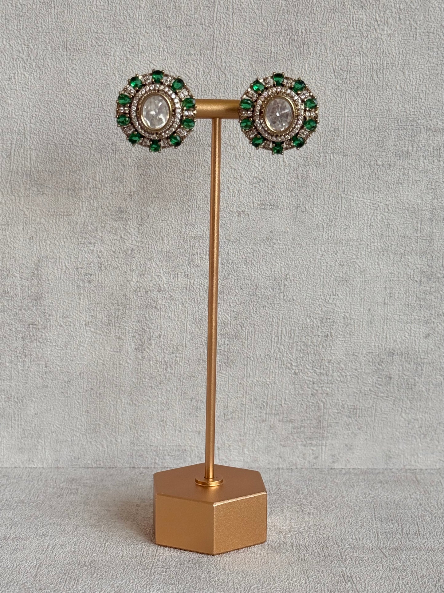 Ayura Designs Genevieve Choker Set with Studs – Emerald Green Crystal Kundan in Antique Gold