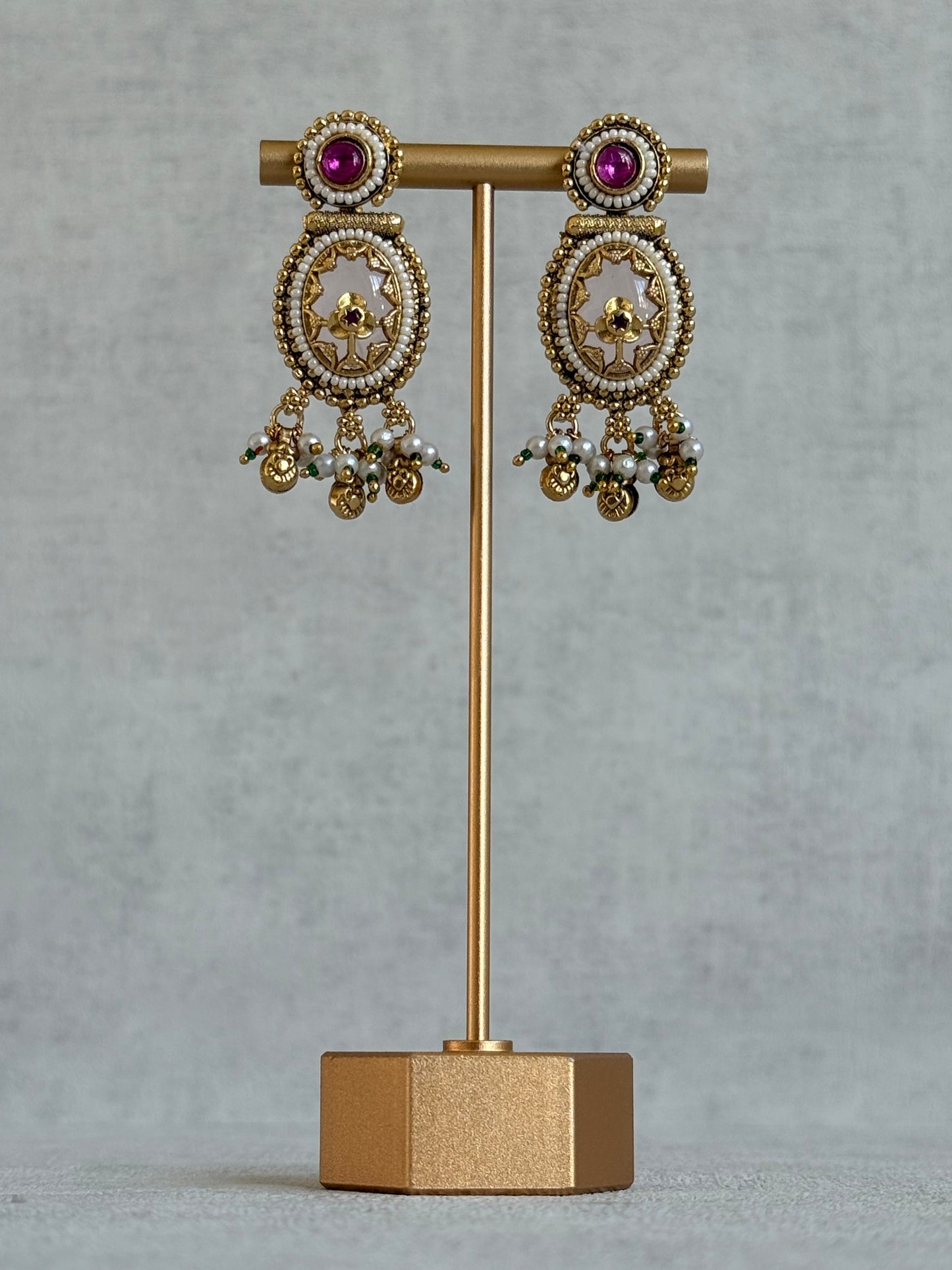 Ayura Designs Enjal Earrings – Blush Pink Enamel, Pearl Beading, Pink Stone & Gold Finish