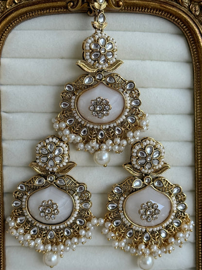 Ayura Designs Asra Tikka Set with Earrings – Ivory Stone, Kundan & Pearl Detailing