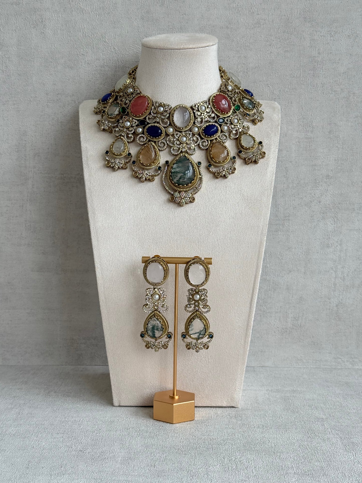 Ayura Designs Kimmy Necklace Set with Earrings – Statement Multicolour Necklace with Marble Stone Details & Crystal Work