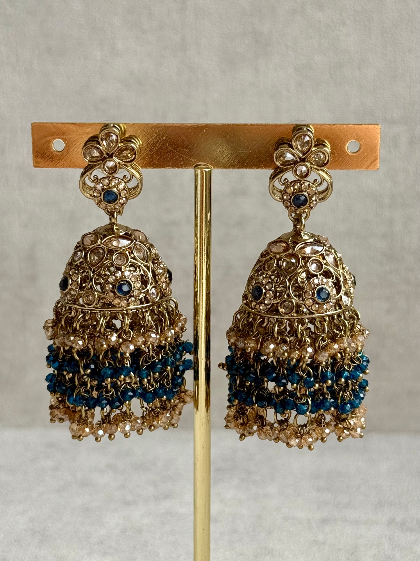 Ayura Designs Mahreen Set – Necklace, Jhumkis & Tikka with Mirror-Cut Stones, Peacock Blue Beads & Gold Finish
