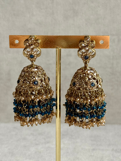 Ayura Designs Mahreen Set – Necklace, Jhumkis & Tikka with Mirror-Cut Stones, Peacock Blue Beads & Gold Finish