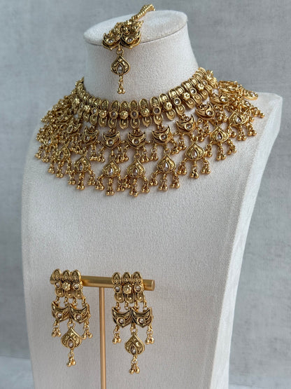 Ayura Designs Sifat Bridal Set with Earrings & Tikka – Antique Gold Kundan Waterfall Design with Paisley & Ghungroo Drops