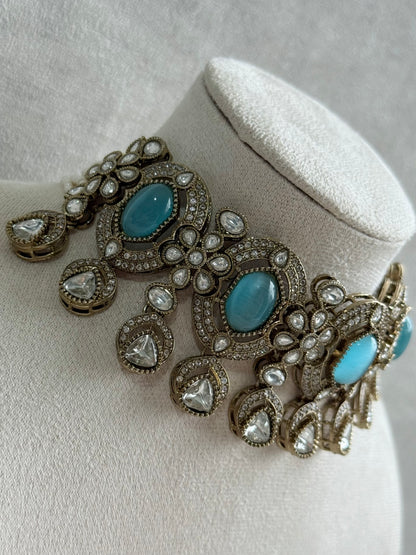 Ayura Designs Emanya Choker Set – Choker, Earrings & Tikka with Mirror-Cut Stones, Turquoise Blue & Antique Gold Detailing