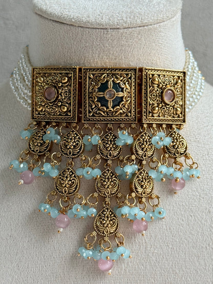 Ayura Designs Samera Choker Set with Earrings & Tikka – Aqua Blue & Blush Pink Beads, Green Centre Stone, Floral Motifs & Antique Gold Finish