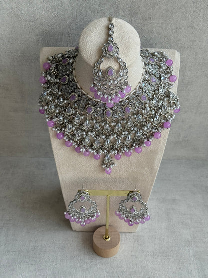 Ayura Designs Eknoor Set – Necklace, Tikka & Earrings with Lavender Beads, Pearls and Silver Finish