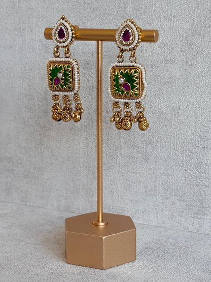 Ayura Designs Inira Drop Earrings – Emerald Green Enamel Bird Earrings with Rani Pink Kundan & Ghungroo Drops