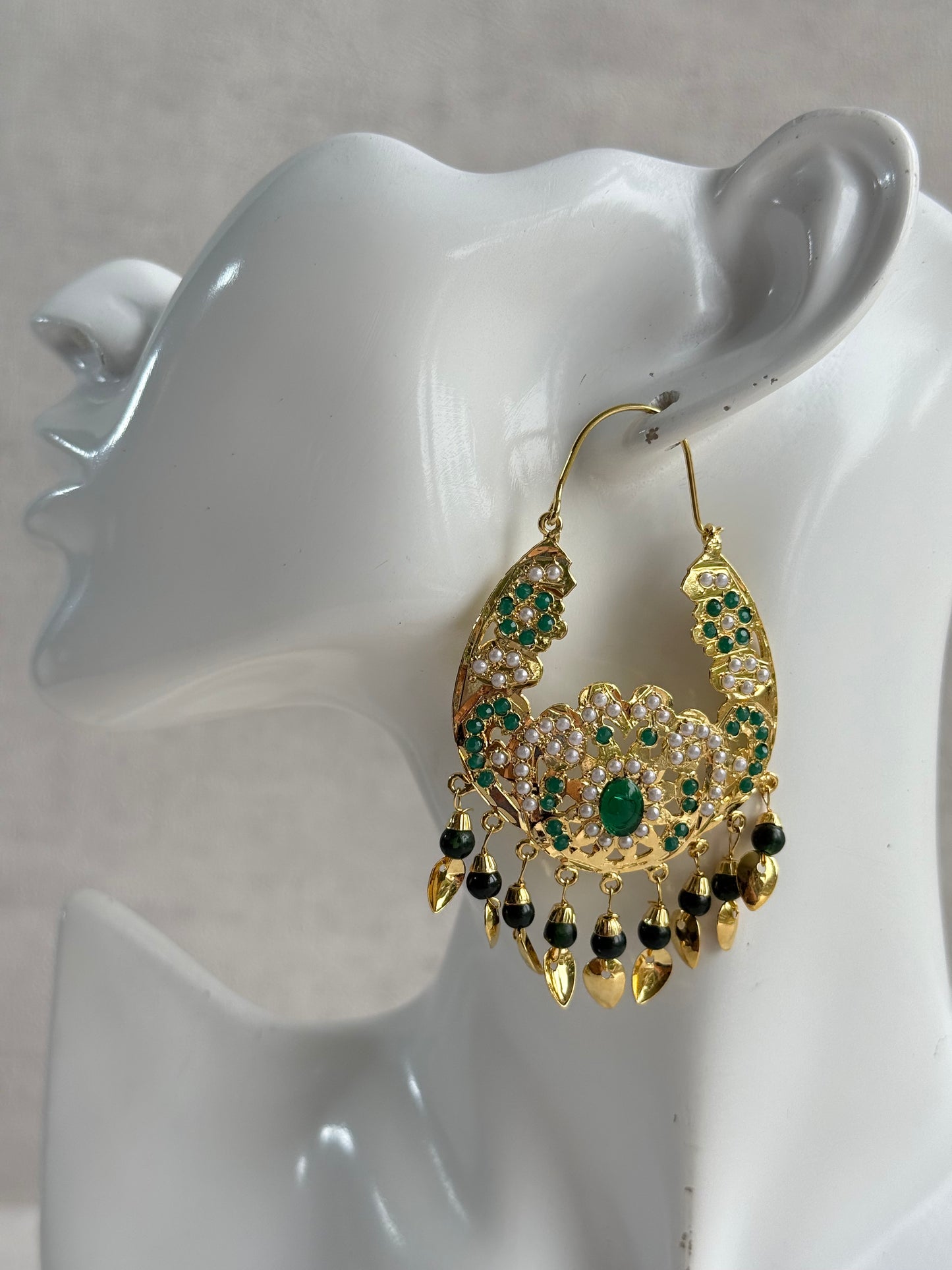 Ayura Designs Nimrat Balis – Emerald Green & Ivory Pearls with Pippal Patti & Gold Finish