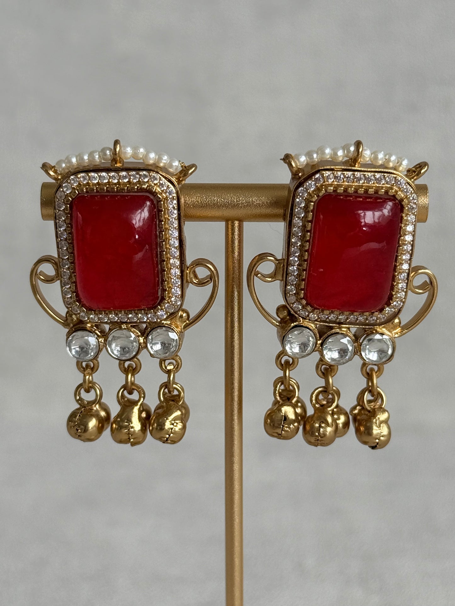 Ayura Designs Aleena Earrings – Ruby Red Stone Stud Earrings with Pearls & Ghungroo Detailing