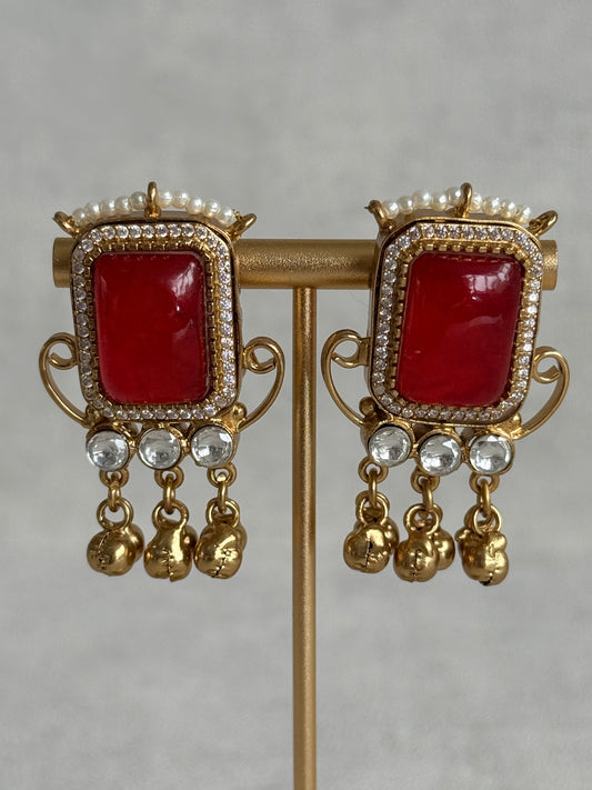 Ayura Designs Aleena Earrings – Ruby Red Stone Stud Earrings with Pearls & Ghungroo Detailing