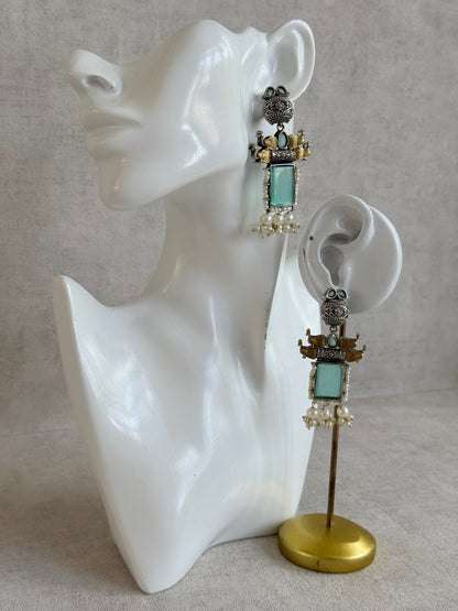 Ayura Designs Khaak Earrings – Oxidised Statement Earrings with Peacock Motifs, Aqua Green Stones & Pearl Clusters