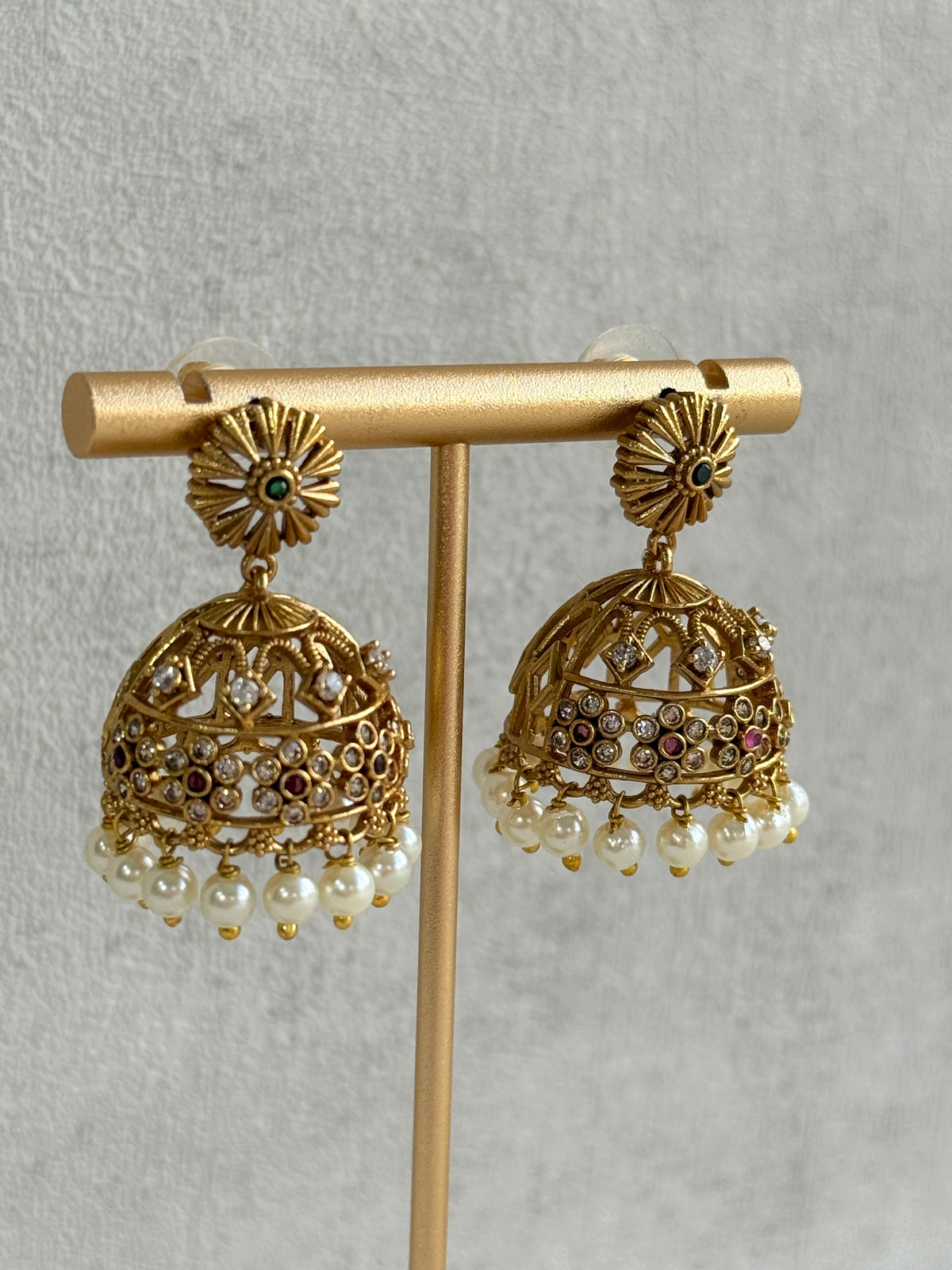 Ayura Designs Parul Jhumkis – Antique Gold with Multicolour Stones & Pearl Drops
