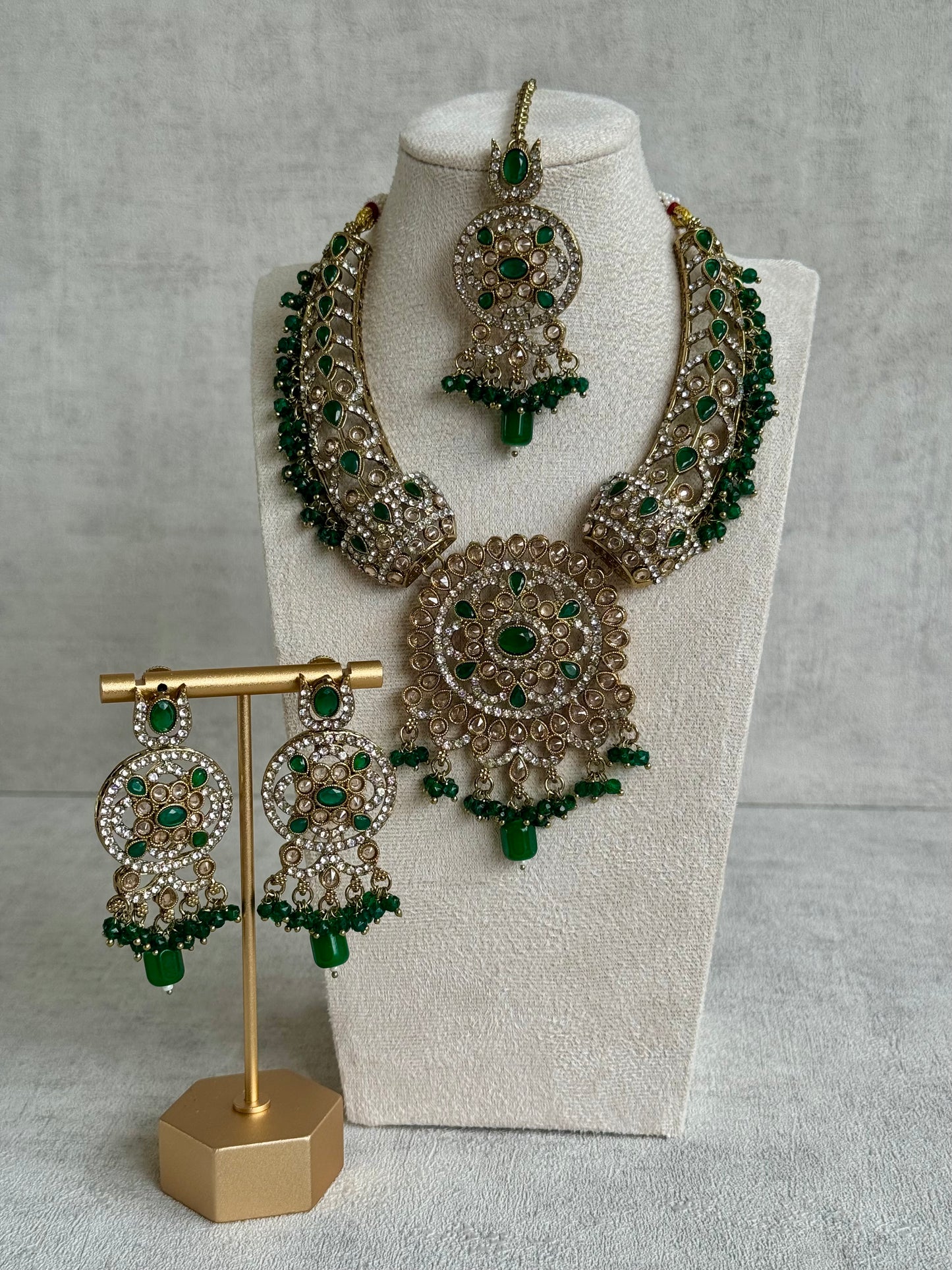 Ayura Designs Aleeza Set with Jhumkis & Tikka – Antique Finish with Champagne Polki Stones, Emerald Detailing & Beaded Drops