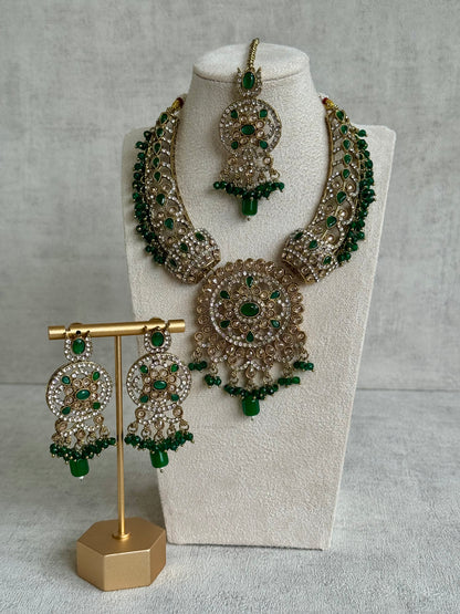 Ayura Designs Aleeza Set with Jhumkis & Tikka – Antique Finish with Champagne Polki Stones, Emerald Detailing & Beaded Drops