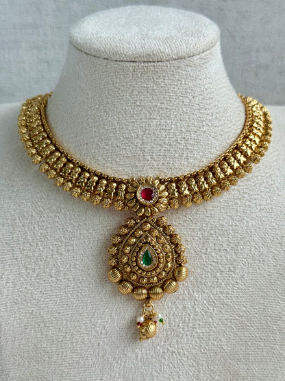 Ayura Designs Ayma Necklace Set with Earrings – Antique Gold Finish with Ruby Pink, Emerald Green & Crystal Detailing