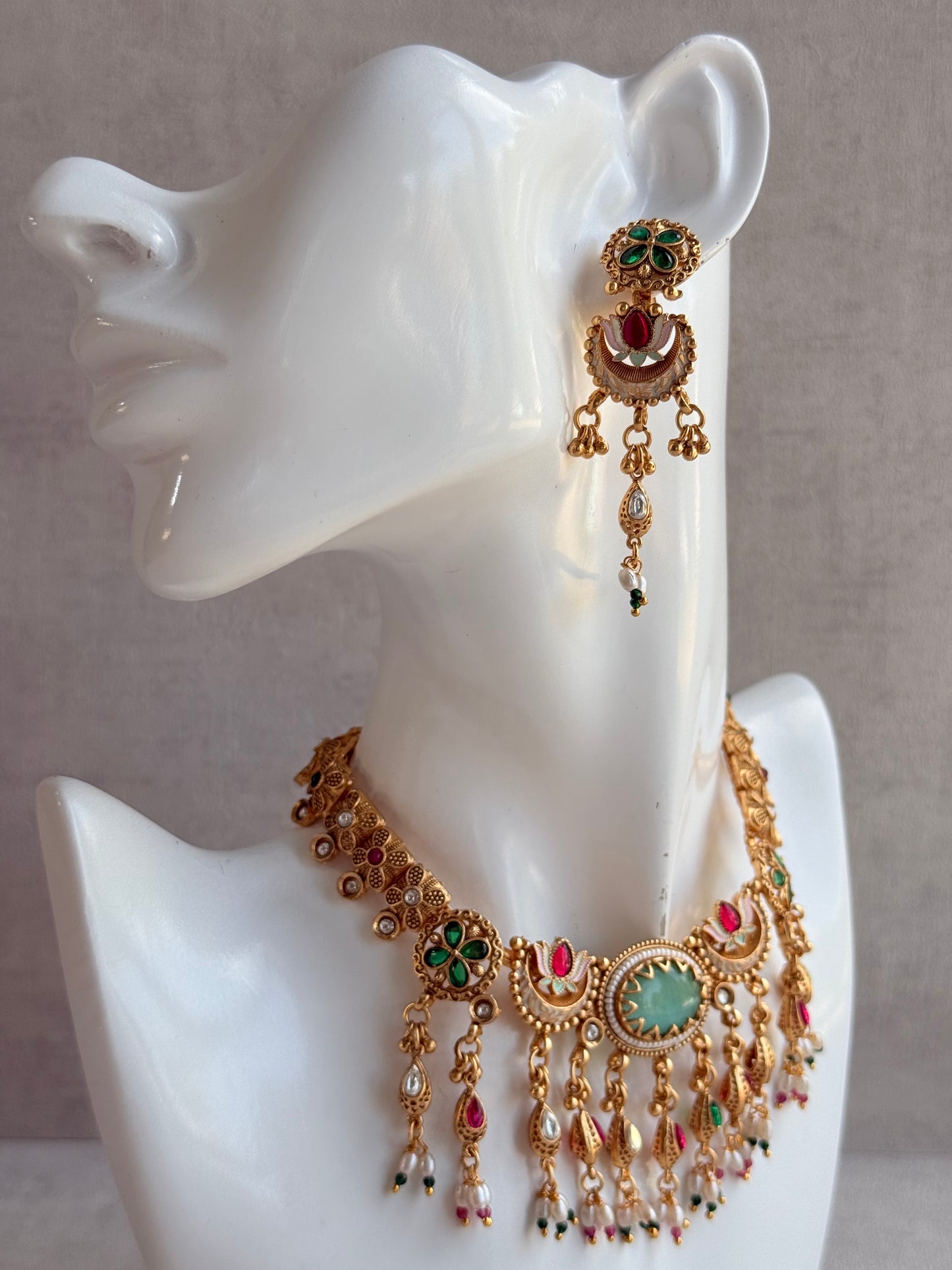 Ayura Designs Aavya Necklace Set – Aqua Green & Rani Pink Kundan Meenakari Design