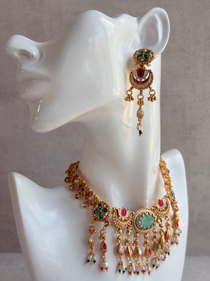 Ayura Designs Aavya Necklace Set – Aqua Green & Rani Pink Kundan Meenakari Design