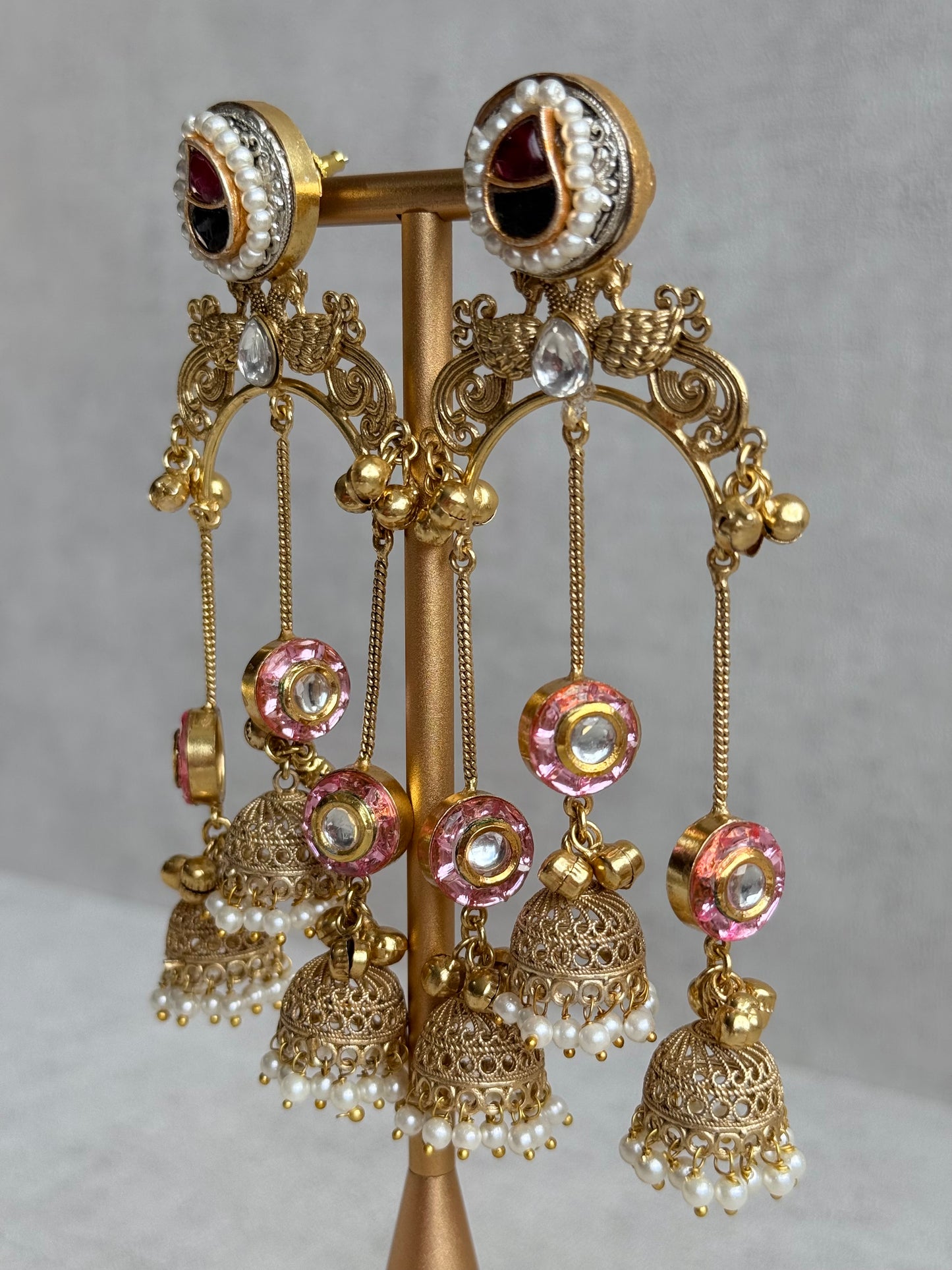 Ayura Designs Arzina Earrings – Triple Jhumki Earrings with Blush Pink Stones, Pearl Borders & Gold Detailing