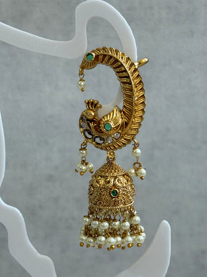 Ayura Designs Mythili Jhumkis – Half Ear Cuffs in Antique Gold with Peacock Design, Emerald Green Stones and Pearl Drops