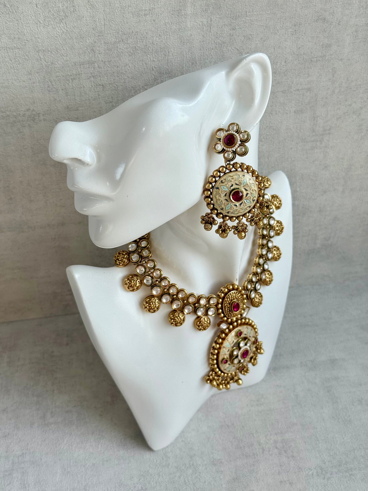 Ayura Designs Zayna Set with Necklace & Earrings – Ivory Meenakari with Rani Pink Stones