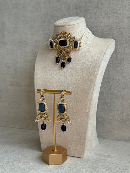 Ayura Designs Raaz Set with Necklace & Earrings – Ink Blue Stones, Kundan Detailing & Antique Gold Finish
