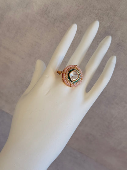 Ayura Designs Roselle Adjustable Ring – Moissanite Centre with Crystal Border & Blush Pink Beads