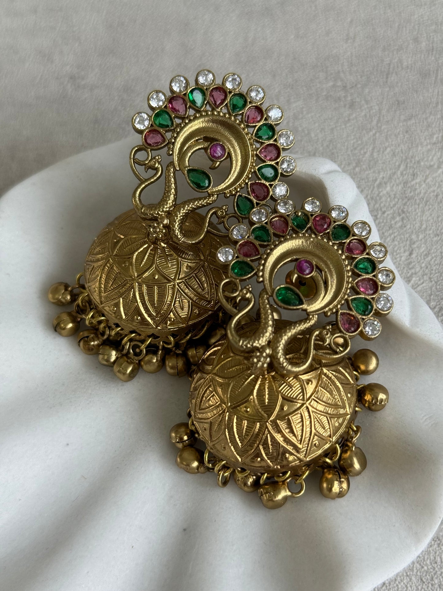 Ayura Designs Moraya Jhumkis – Pink & Green Peacock Motif with Antique Gold Detailing