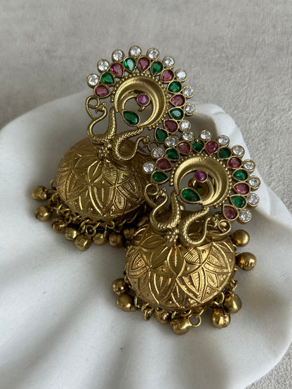 Ayura Designs Moraya Jhumkis – Pink & Green Peacock Motif with Antique Gold Detailing