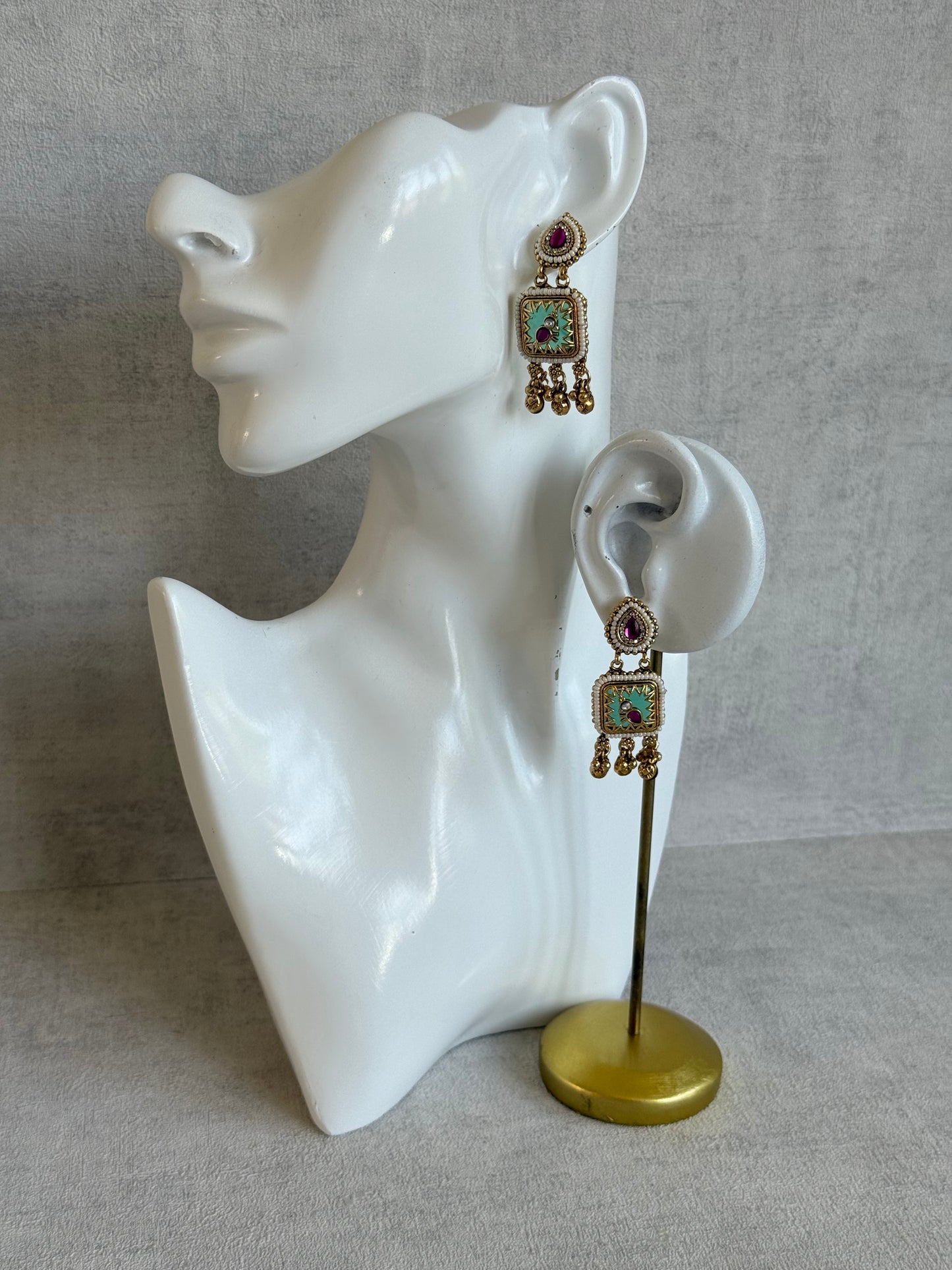 Ayura Designs Inira Drop Earrings – Mint Green Enamel Bird Earrings with Rani Pink Kundan & Ghungroo Drops