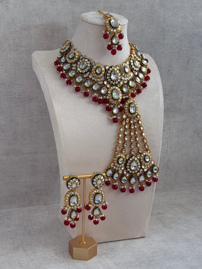 Ayura Designs Jashan Set with Necklace, Earrings, Tikka & Passa – Kundan Detailing, Pearl Drops & Ruby Red Beads