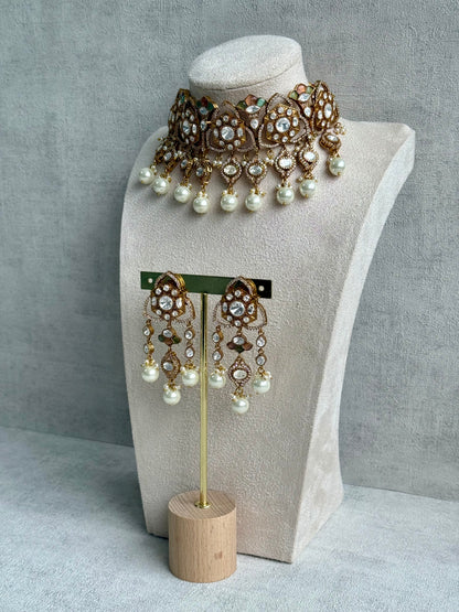 Ayura Designs Serina Choker Set with Earrings – Peach & Pistachio Enamel, Mirror-Cut Stones & Pearl Drops