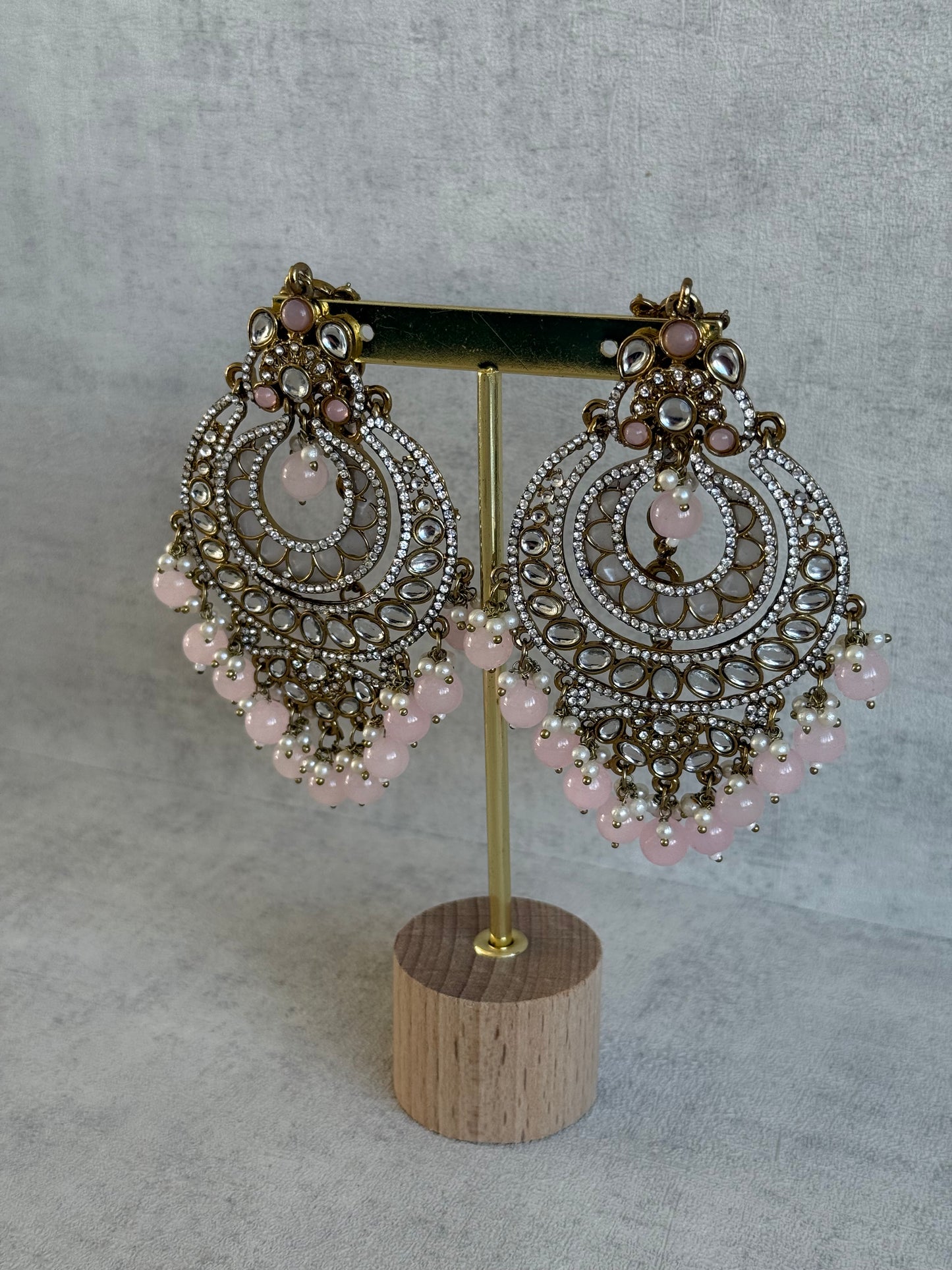Ayura Designs Rabia Chandbalis – Antique Gold Kundan Earrings with Blush Pink Beads, Pearls & Attached Sahare
