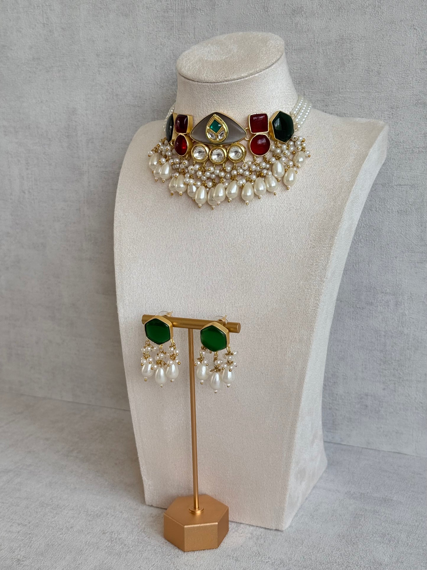 Ayura Designs Vahida Choker Set with Earrings – Multicolour Stone Choker with Pearl Drops & Kundan Detailing