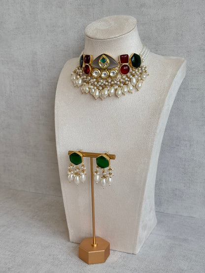 Ayura Designs Vahida Choker Set with Earrings – Multicolour Stone Choker with Pearl Drops & Kundan Detailing