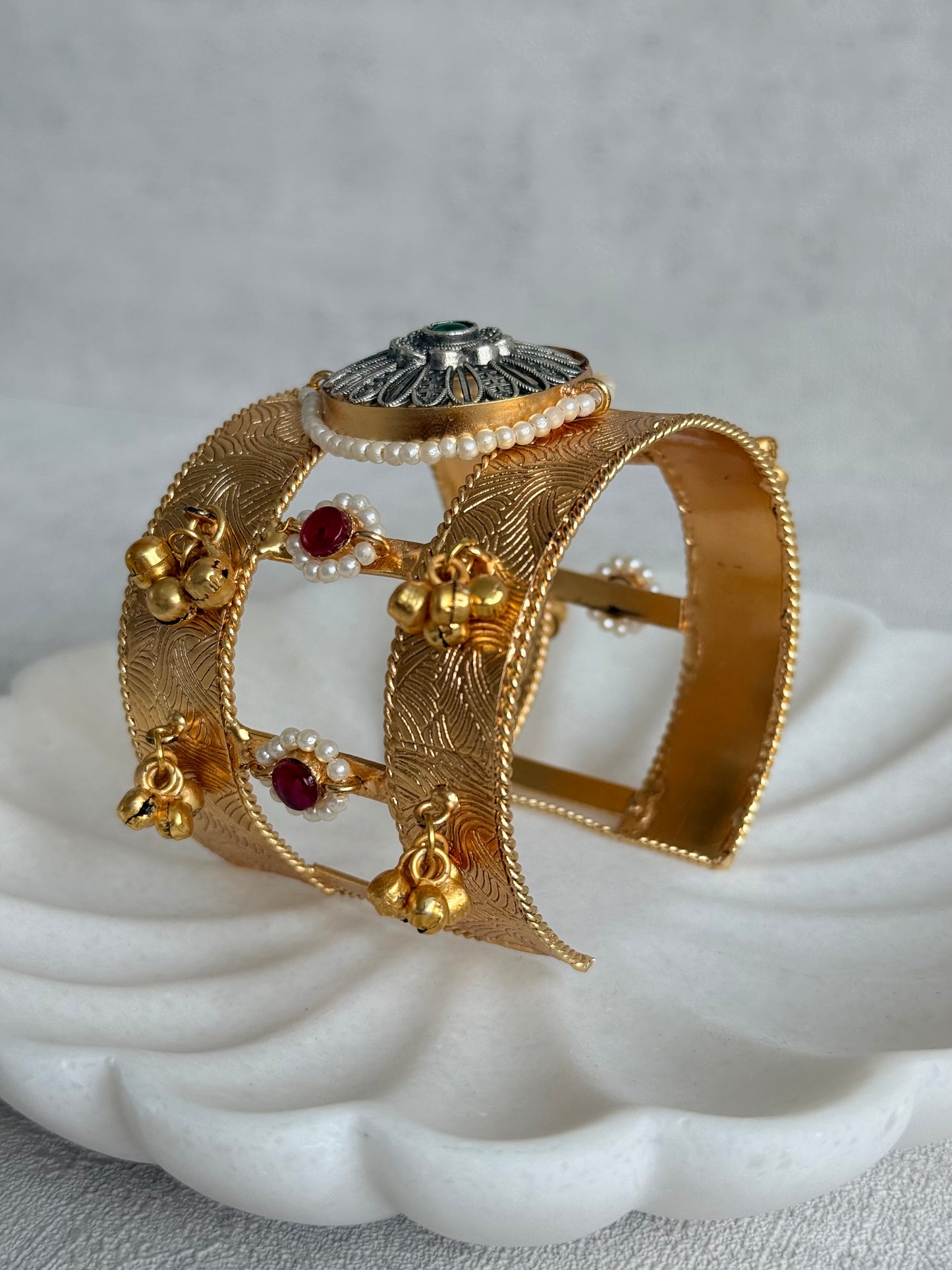 Ayura Designs Omita Adjustable Kashmiri Cuff Bracelet – Floral Medallion with Pearl, Ruby & Emerald Detailing