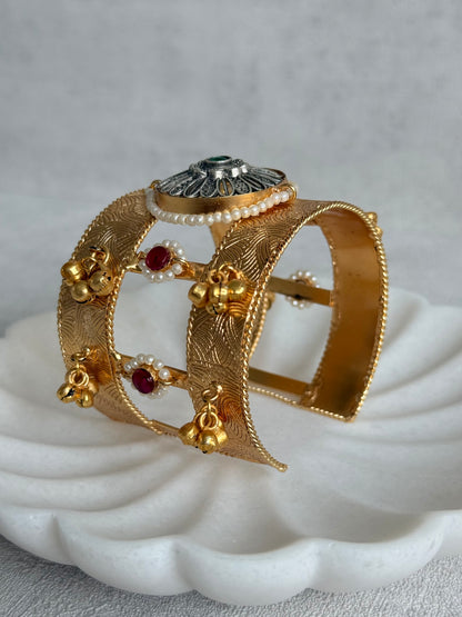Ayura Designs Omita Adjustable Kashmiri Cuff Bracelet – Floral Medallion with Pearl, Ruby & Emerald Detailing
