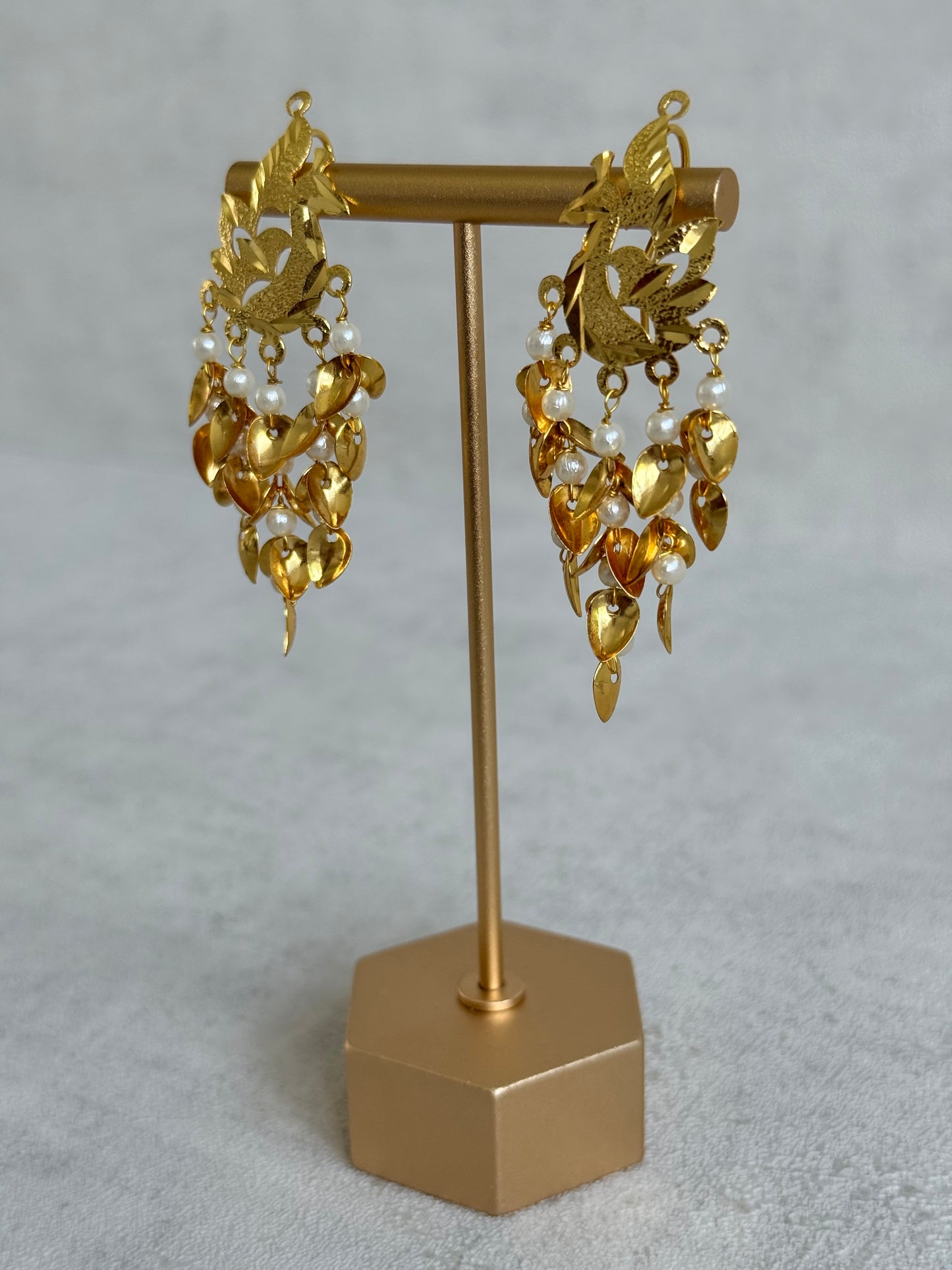 Ayura Designs Patari Earrings – Gold Peacock Pipal Patti Pearl Drop Earrings