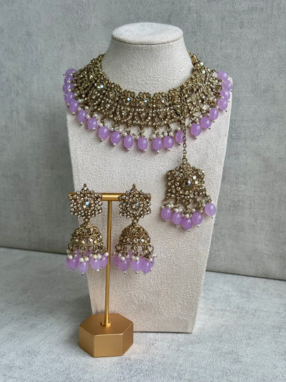 Ayura Designs Siya Set with Jhumkis & Tikka – Champagne-Toned Beauty with Lilac Beads