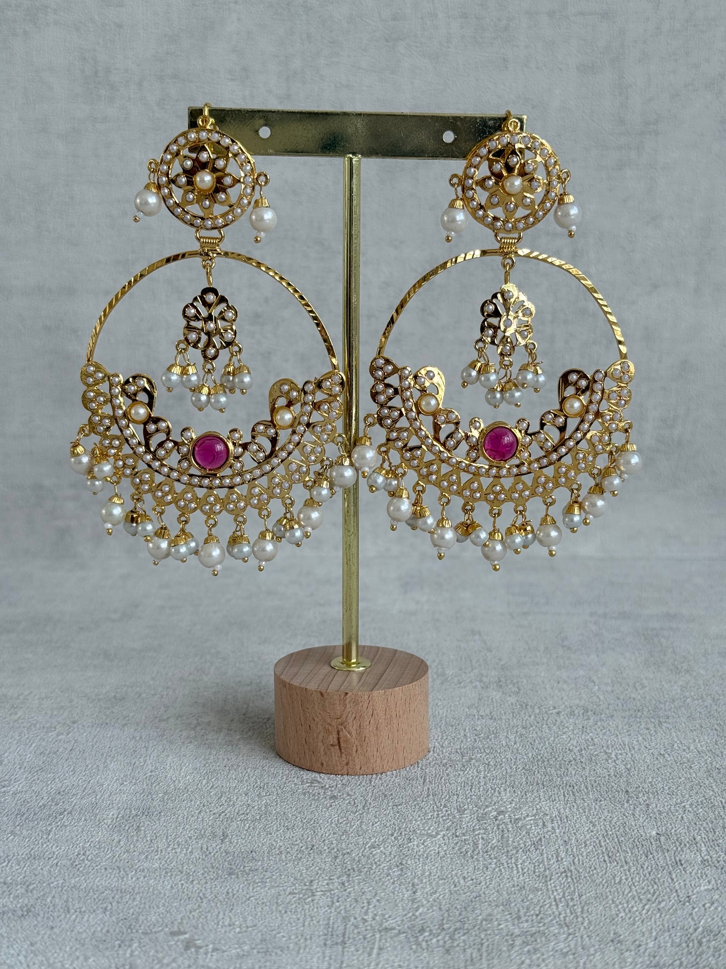 Ayura Designs Arshi Chandbalis – Gold Jadau Ruby Pink & Ivory Pearl Detailing