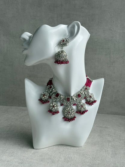 Ayura Designs Zarghuna Set with Jhumkis & Tikka – Fuchsia Beads, Mirror-Cut Stones & Silver Finish