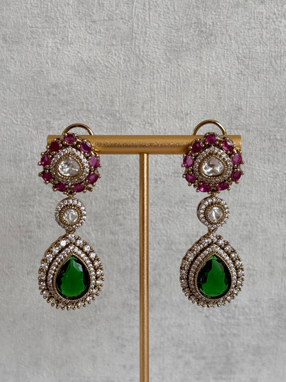 Ayura Designs Ahana Necklace Set with Earrings – Emerald Green Teardrop Stones, Ruby Pink Accents & Moissanite Detailing