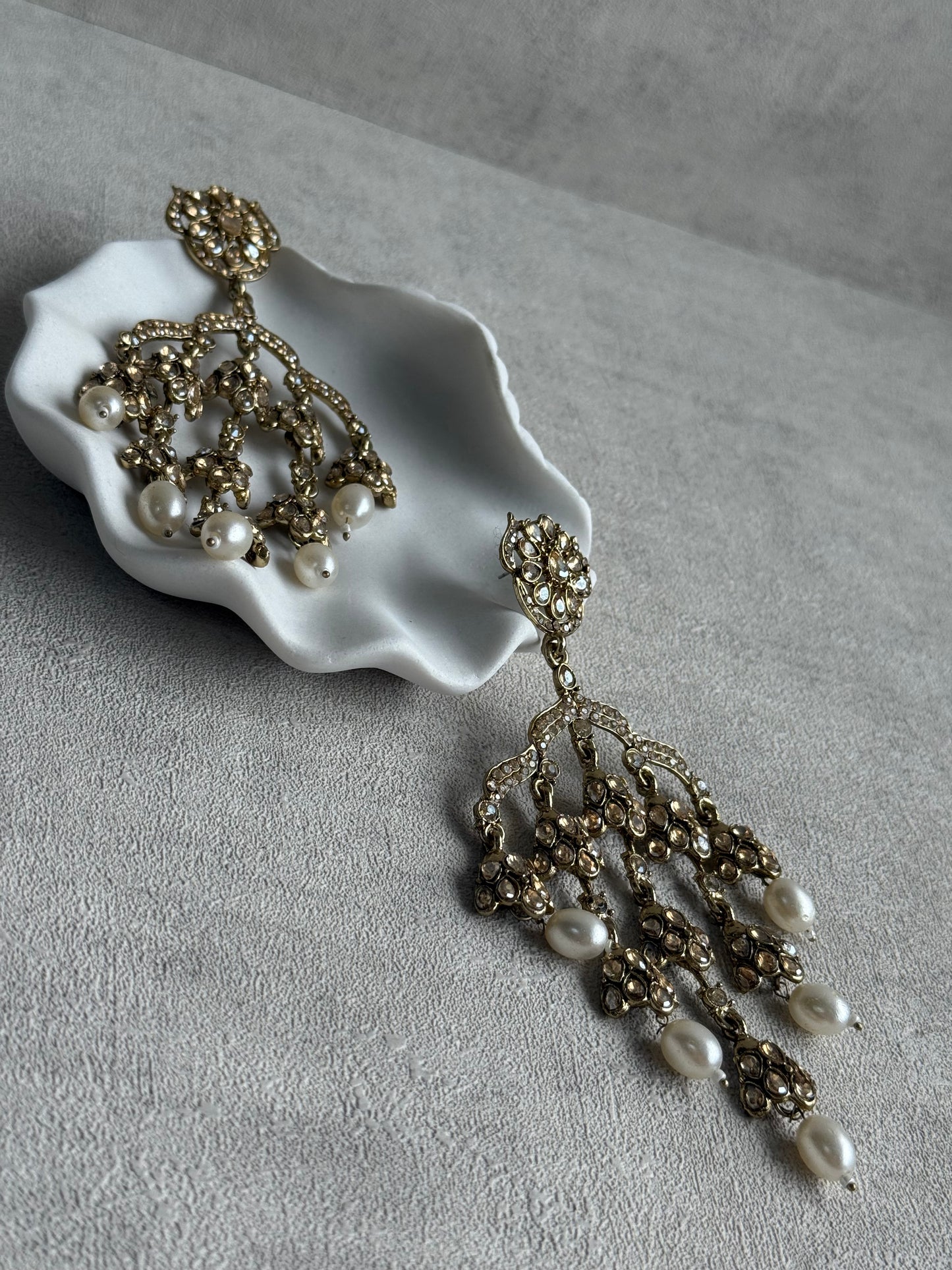 Ayura Designs Jasmine Earrings – Chandelier Earrings with Ivory Pearl Drops & Antique Gold Detailing