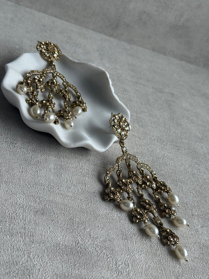 Ayura Designs Jasmine Earrings – Chandelier Earrings with Ivory Pearl Drops & Antique Gold Detailing