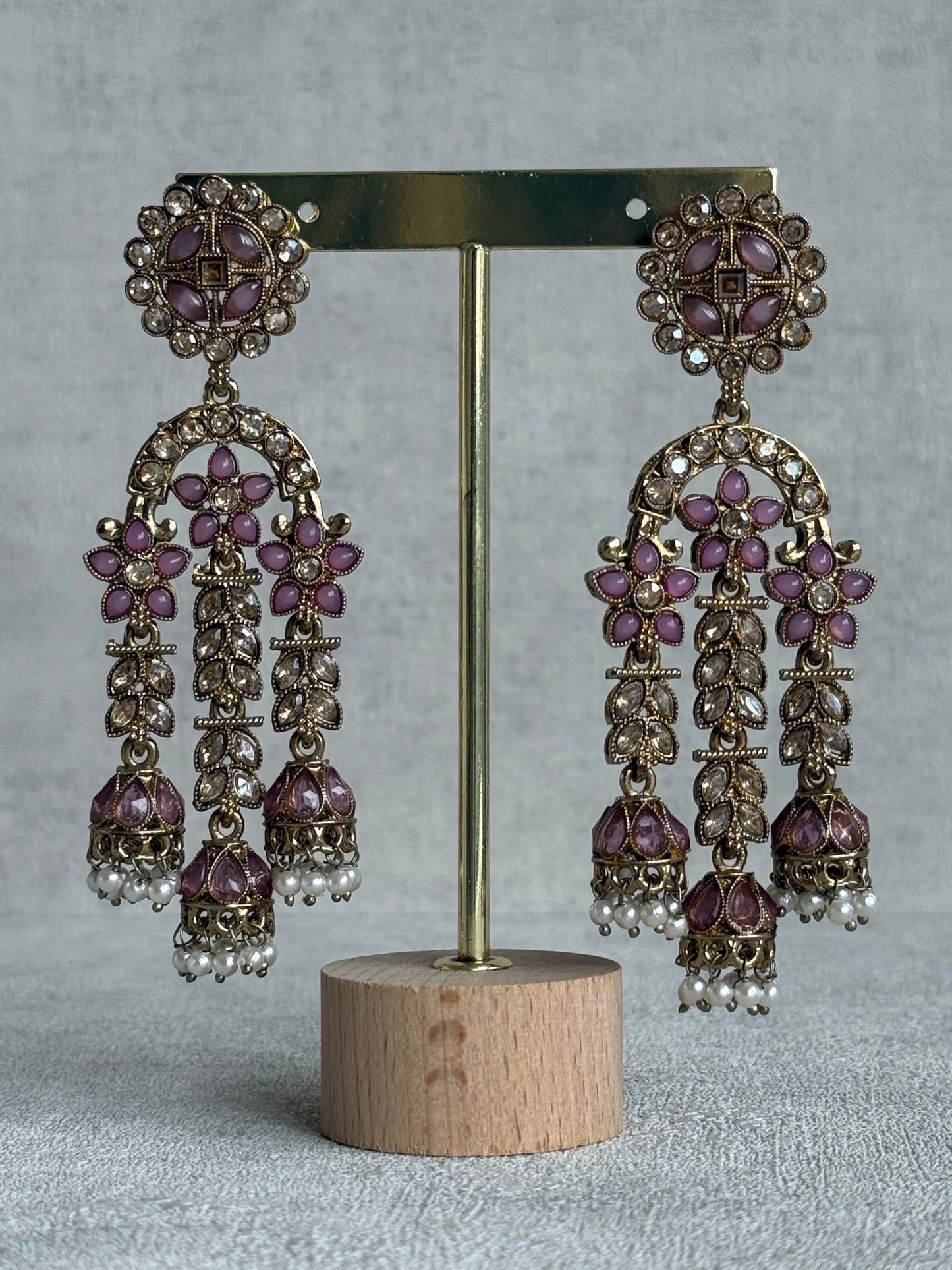 Ayura Designs Soraya Earrings – Lilac Stones, Champagne Crystals, Pearl Detailing & Gold Finish