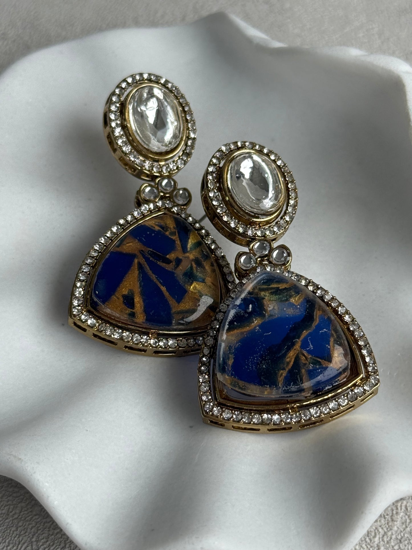 Ayura Designs Florence Earrings – mirror cut studs with Deep Ink Blue Marble Resin & Crystal Borders